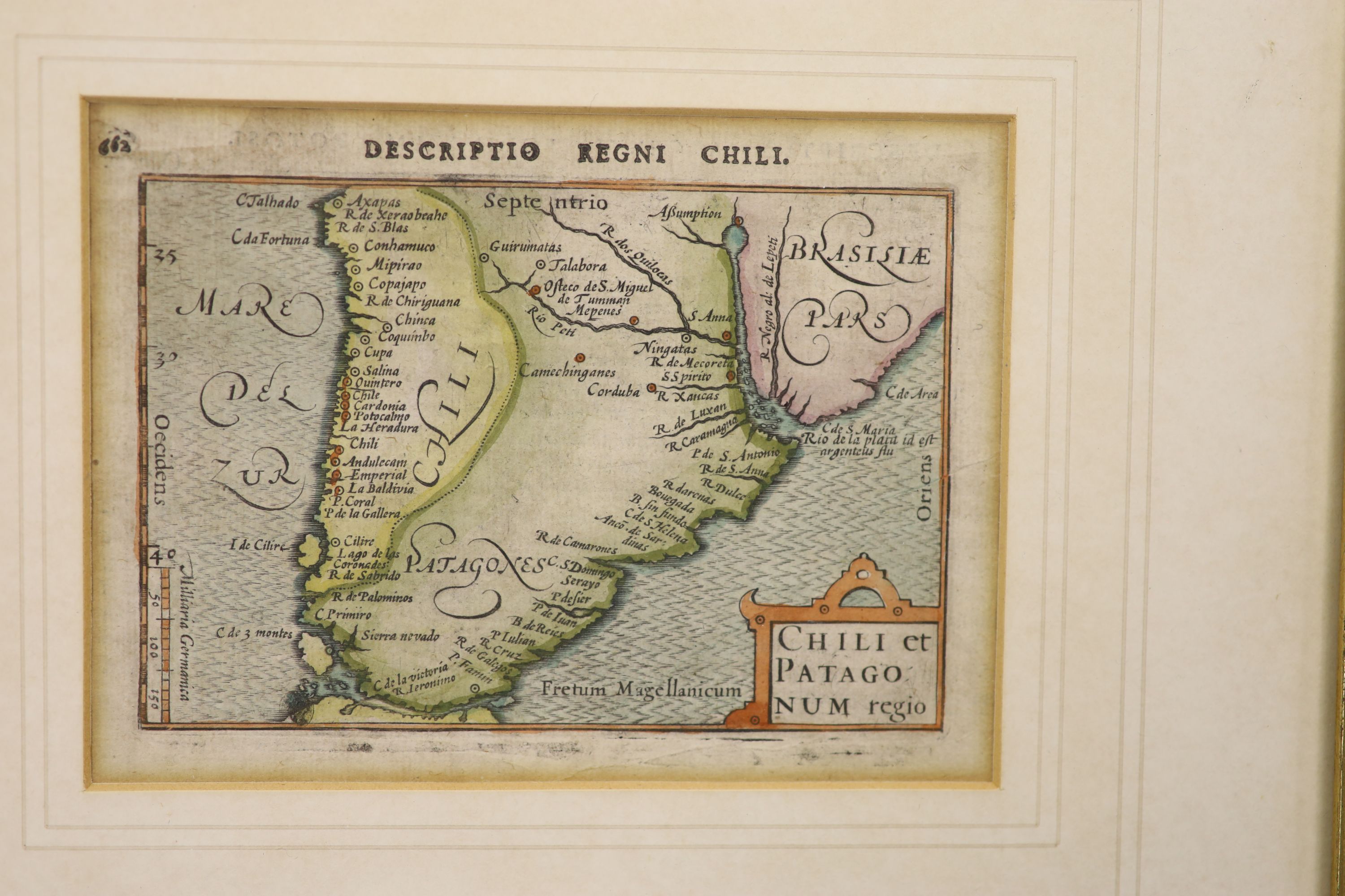 Emanuel Bowen, coloured engraving, The new and accurate map of Chile Terra Magellanica, 36 x 44cm and a small engraving of Chile and Patagonia, 10 x 14cm